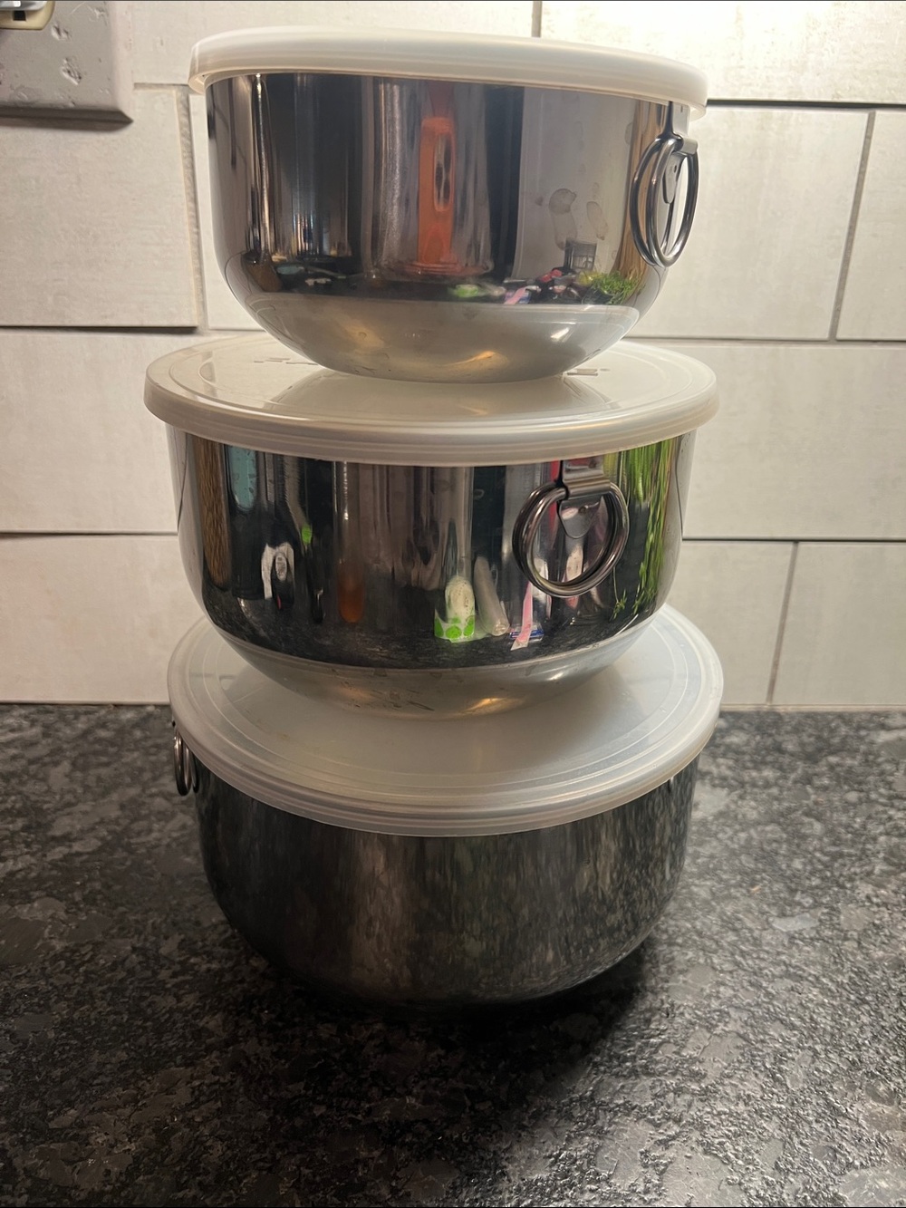 Vintage Farberware Stainless Stacking Mixing Bowl set of 3 with lids.